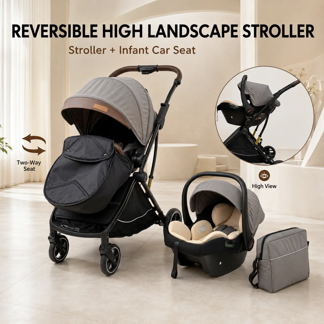 2-in-1 Hochsitz-Kinderwagen mit Autositz, Stoßdämpfender Kinderwagen für Outdoor-Ausflüge, Tragbarer Kinderwagen mit Zubehör-Set