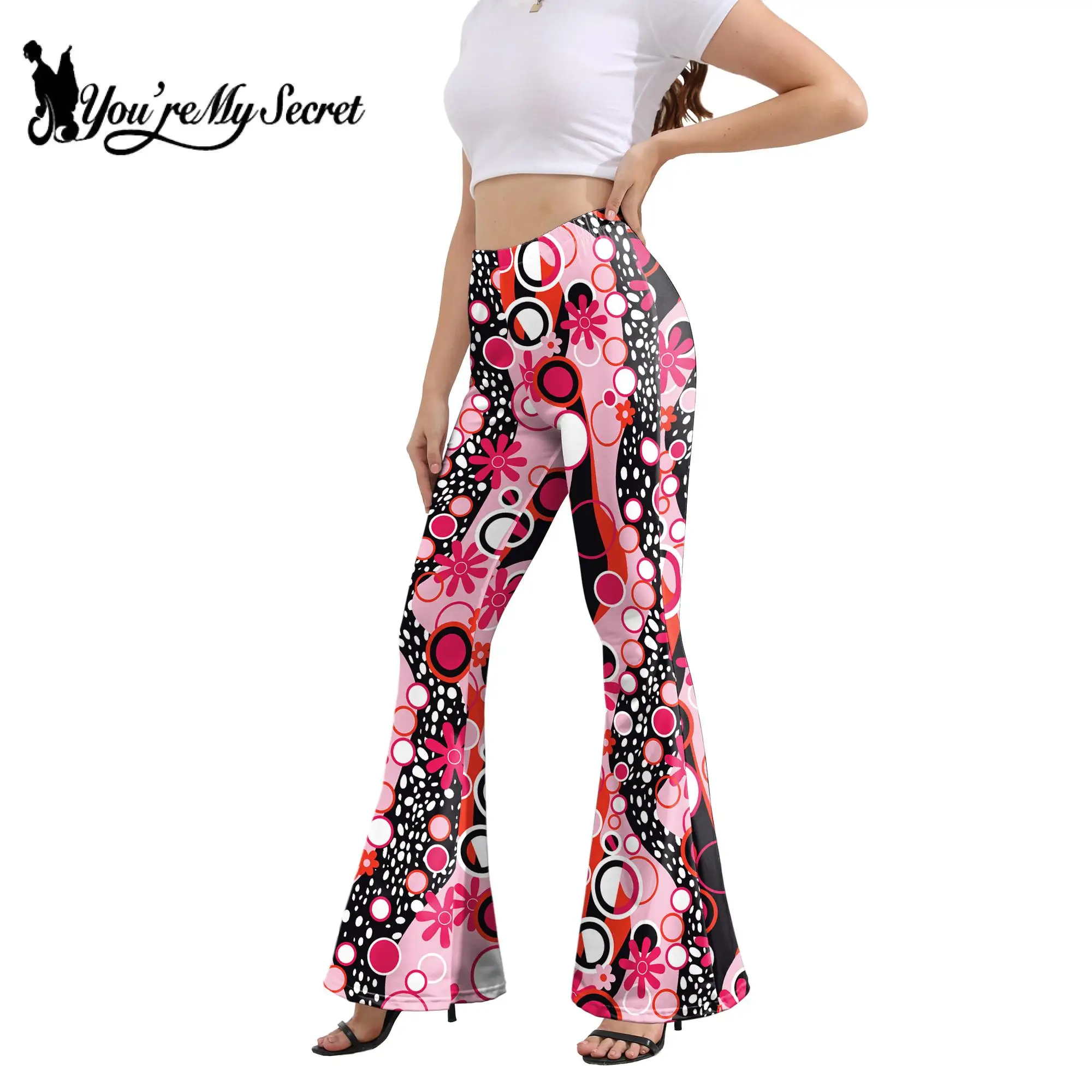 

[You're My Secret] Hip Hop Vintage Flared Pants for Women Floral 3D Printing Leggings Lady Elegant Slim High Waist Long Trousers