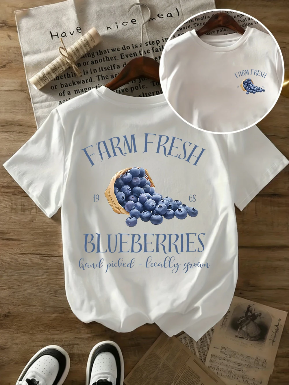 Farm Fresh Blueberries Bedruckte T-Shirts für Damen, Baumwolle, Sommer, kurzärmelig, O-Ausschnitt, übergroße Oberteile, weiche Streetwear-Kleidung