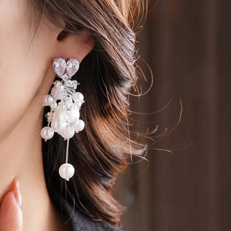 

Silver Zircon Love Tassel Pearl Ear Studs Luxury All-Matching Earrings Fashion Earrings for Women Jewelry Party Gift