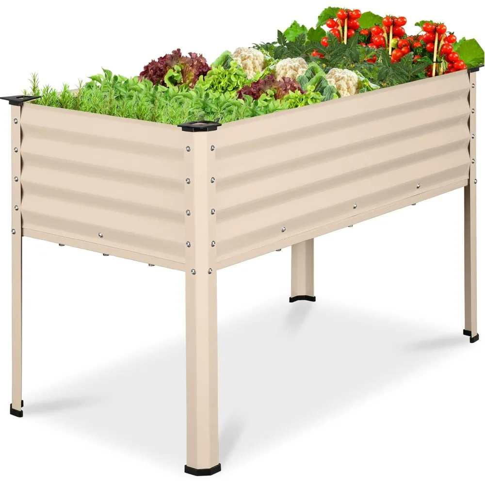 

48x24x30 Inch Galvanized Elevated Flower Bed, Metal Elevated Planting Box, Beige