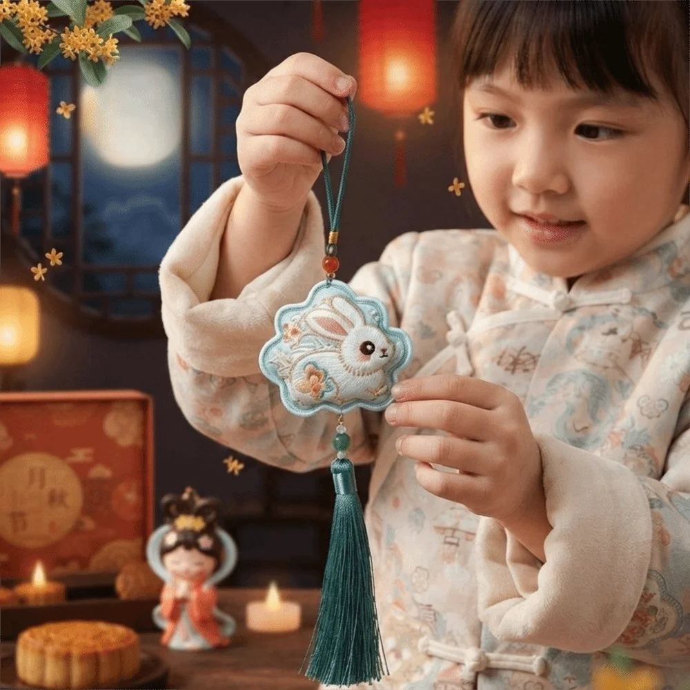 Chinese Traditional Mid-Autumn Festival Rabbit Scented Pouch Embroidery Patterns with Tassel Hanfu Sachet Bag Handmade Blessing