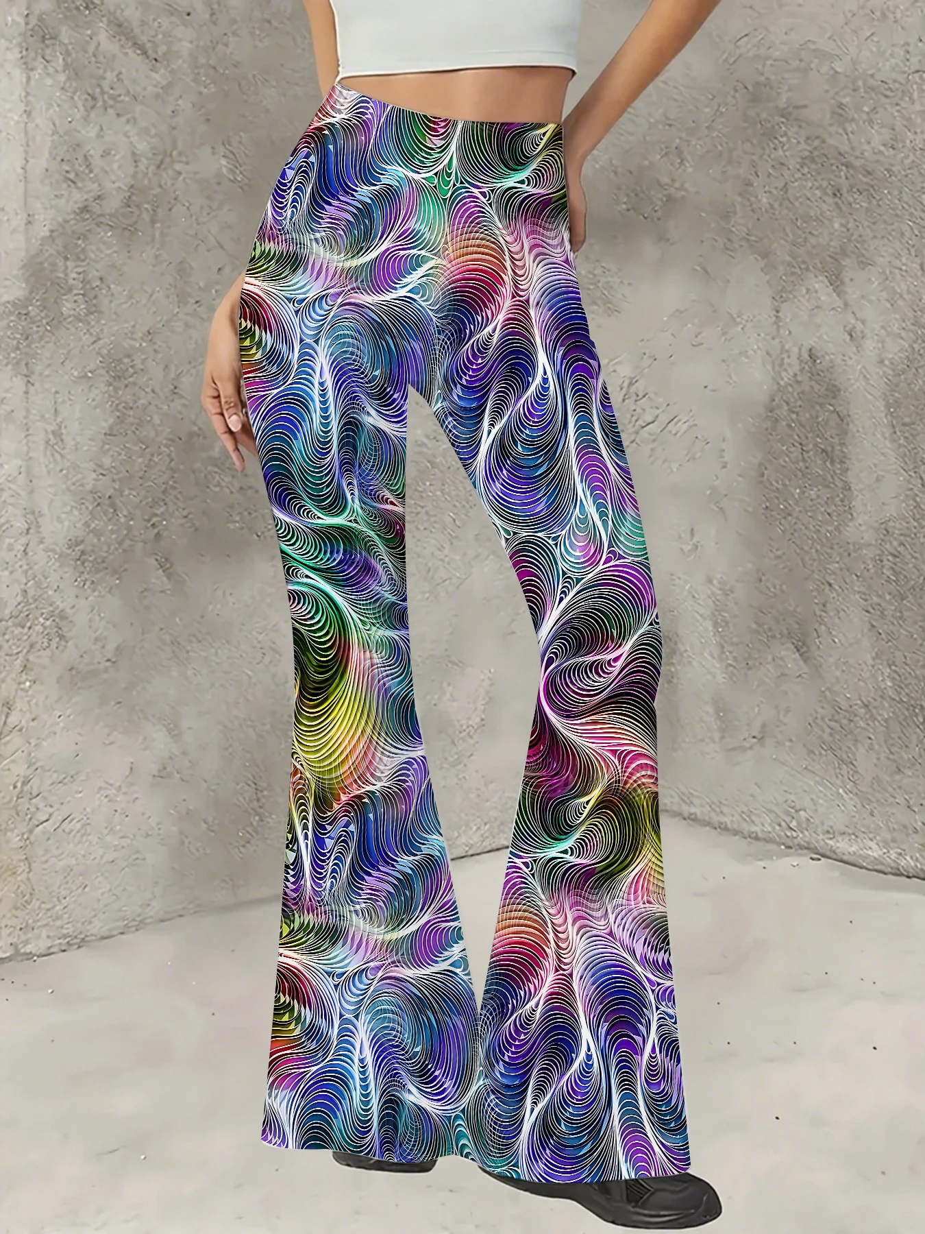 

Y2K Graphic Print Flare Pants Women High Waist Knit Bell Bottom Trousers