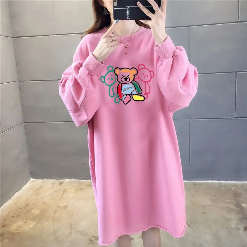 Female Casual Korean Printing O-neck Long Sleeve Midi Dress Autumn Simplicity Loose Pullover Tshirt Dress Thick Women Clothing