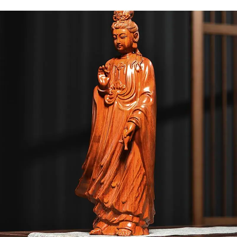 

Rosewood Wood Guanyin Bodhisattva Statue Carving Crafts Buddhism Buddha Ornaments Living Room Decoration Character Sculpture