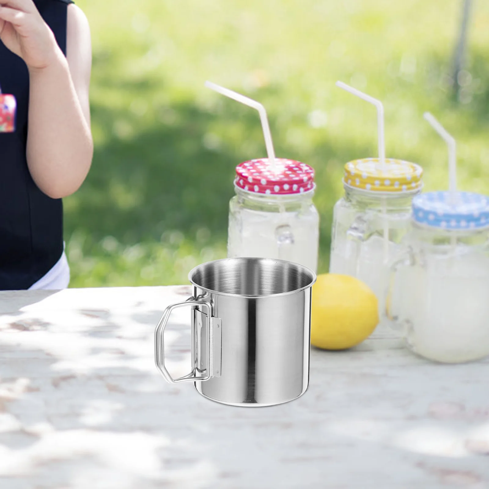 

2Pcs Outdoor Stainless Steel Camping Water Cup Folding Handle Portable Metal Mug Coffee Juice Drinking Cup Camping Cups Metal