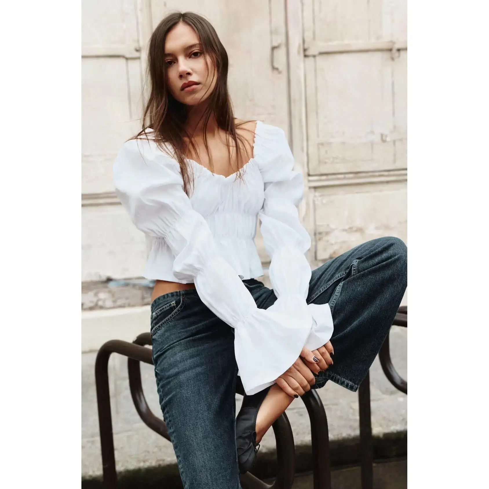 Fashionable Women's Long Sleeve T-shirt Autumn Winter Bubble Sleeve Pleated Standard Fit Polyester Fiber 100% European Style