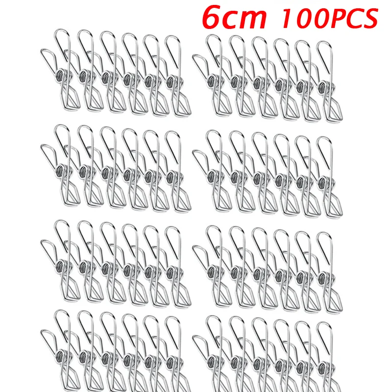 100Pcs 6cm Stainless Steel Clothes Pegs Sealing Clips Clothespins Metal Storage Kitchen Organizer Tool Cloth Pin Clip Holders