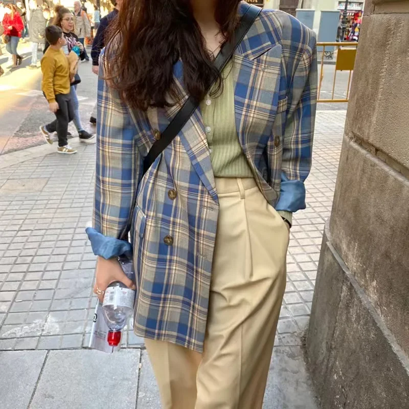 Vintage Loose Women Plaid Blazer 2023 Autumn Chic Double Breasted OL Female Long Sleeve Suit Jackets Oversized Blazers Long