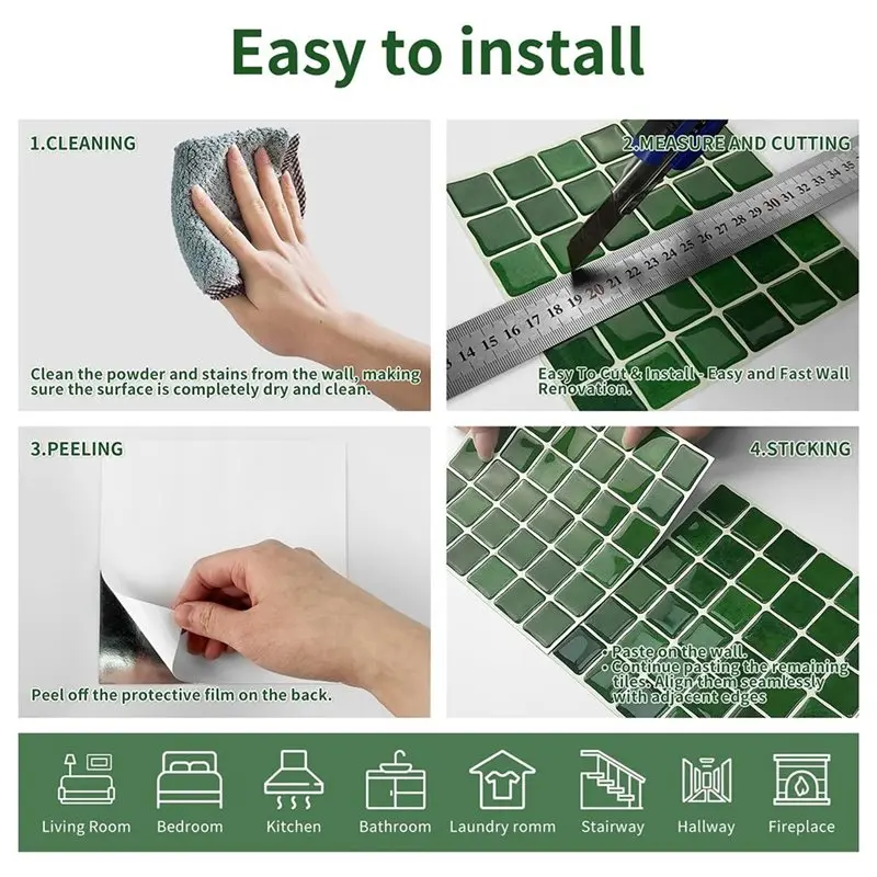 ABMH-Luxury 3D Mosaic Emerald Green 6X6 Inch Vinyl Wall Tiles 24-Pack Peel And Stick Backsplash Stickers