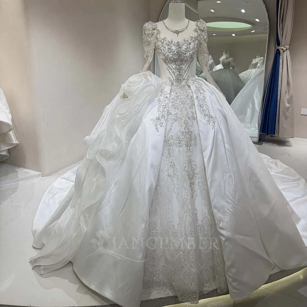 

Customized Long Sleeve Ball Gown Wedding Dresses 2025 O-Neck Princess Satin Beaded Bridal Gown Court Train Formalсвадебн