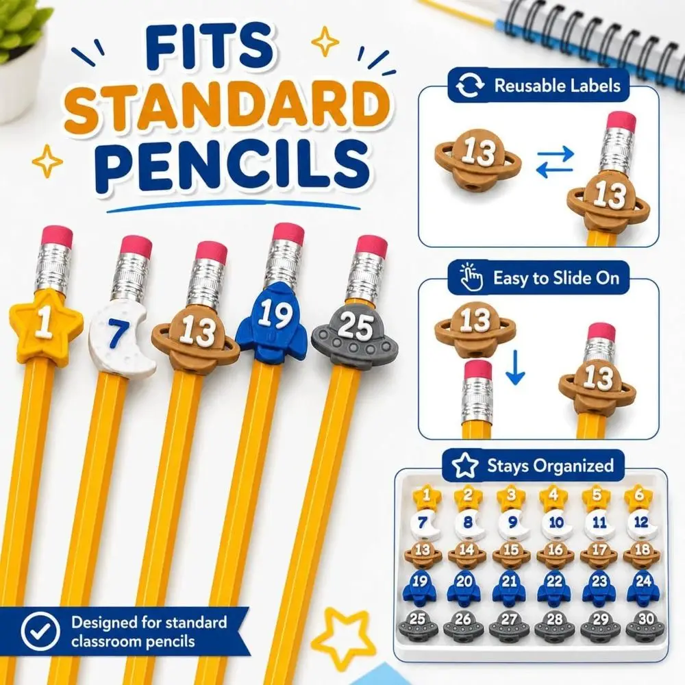 6/30PCS 1-30 Numbered Numbered Pencil Toppers Non-Slip Space-Themed Pencil Tracking Markers Sturdy Color Coded
