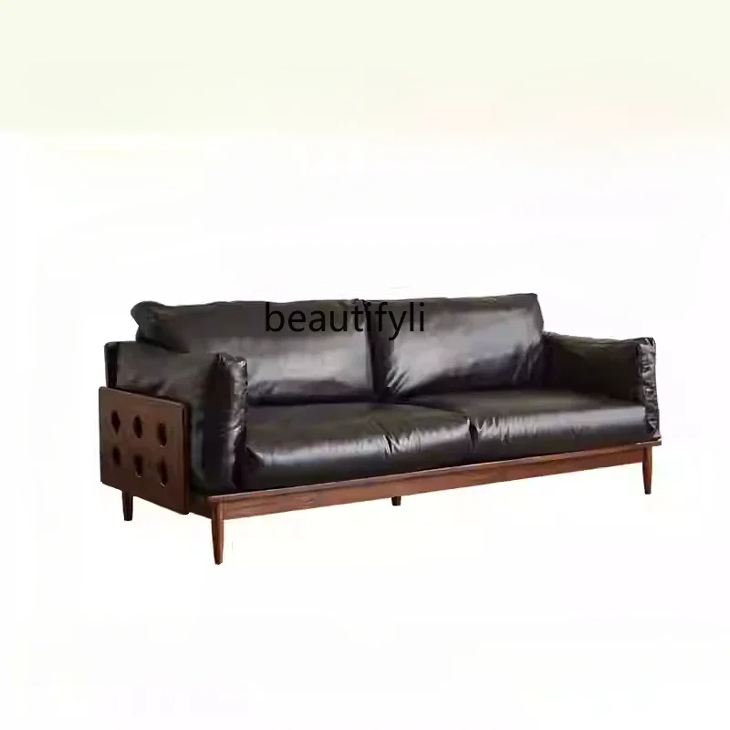 

yh Medieval leather fabric sofa solid wood living room straight row living room light luxury high-end sofa