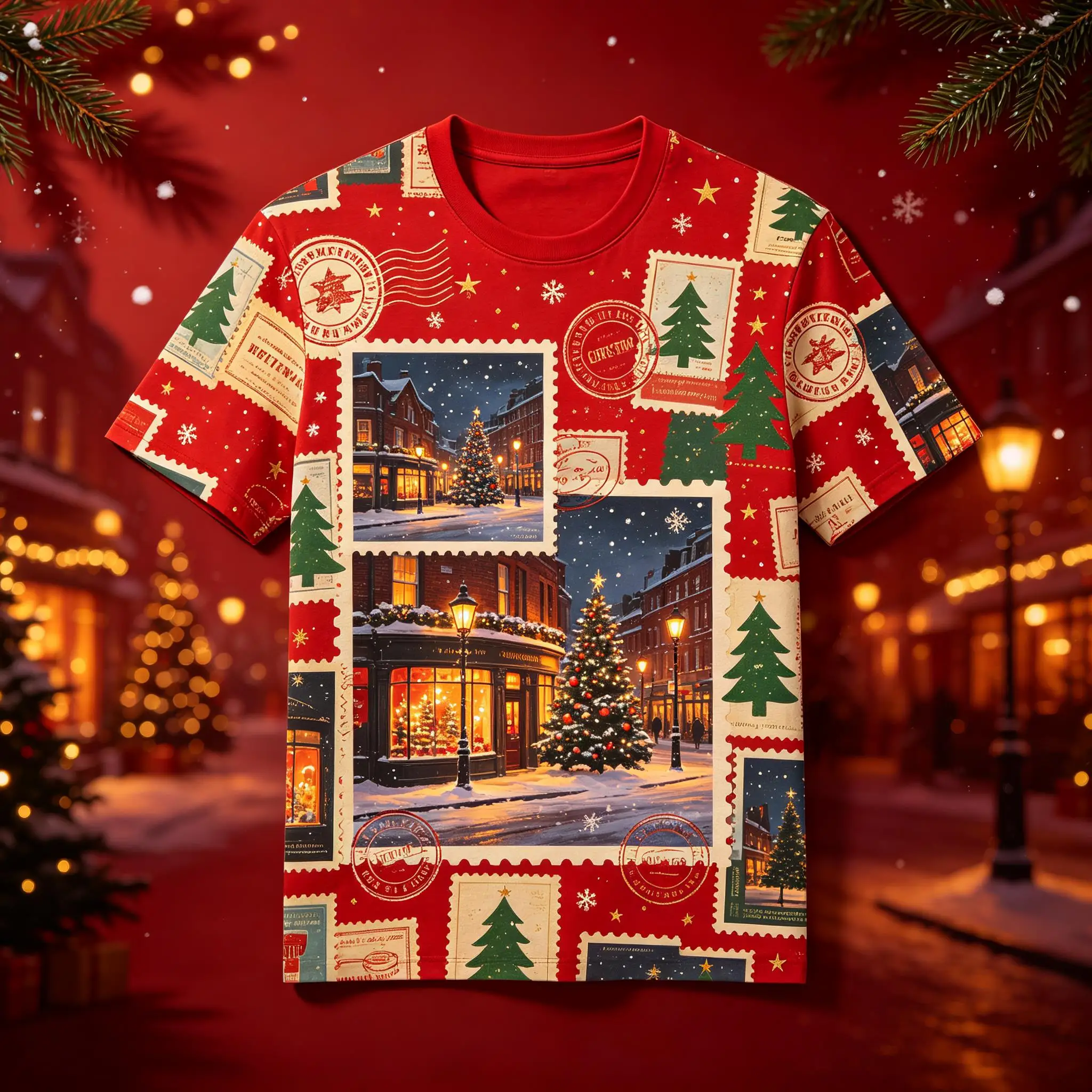 Men Christmas Holiday Tee, Retro Snowy Town Street Double Decker Bus Stamp Allover Print Short Sleeve Shirt