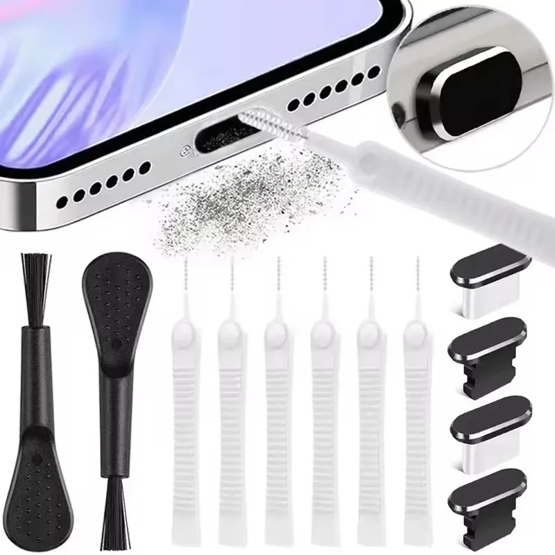 Cell Phone Charging Port Dust Plug with Cleaning Brush for IPhone 17 16 15 14Pro Max Plus Samsung Xiaomi IOS Type C Cleaner Set