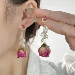 Fashion Retro Rose Flower Long Drop Earrings For Women Trendy Simple Imitation Pearl Tassel Chain Earrings Gift Party Jewelry