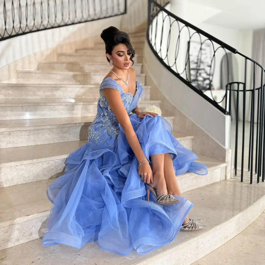 Meetlove Blue Tulle Customized Evening Dresses Sleeveless Crystal Floor Length Mermaid Luxury Beading Prom Gowns For Women