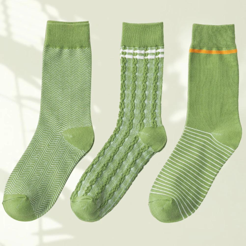 

3 Pairs Plaid Cotton Socks Green Pattern Tube Fashionable Design Casual Novelty Woman Women
