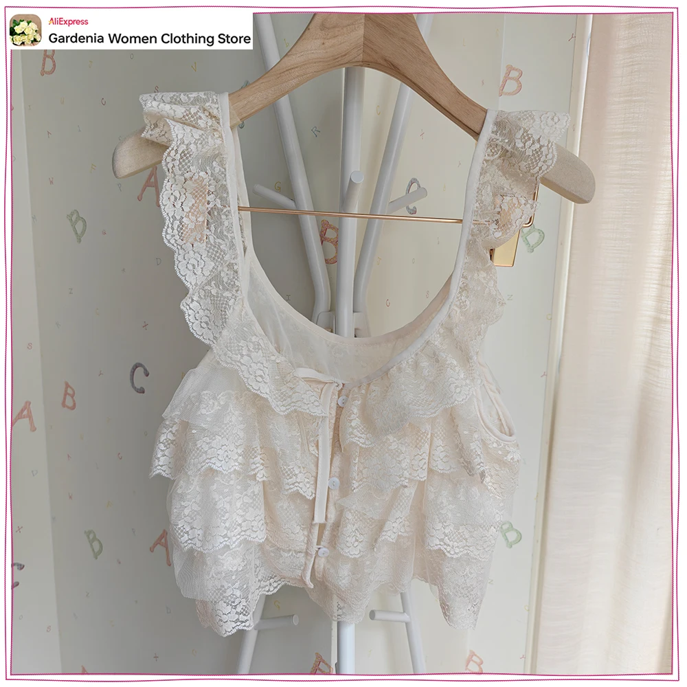 Summer New in Ruffled Lace Tops for Women Sweet Tanks & Camis Elegant Chic O-Neck Strappy Tops with Front Button and Tie Closure