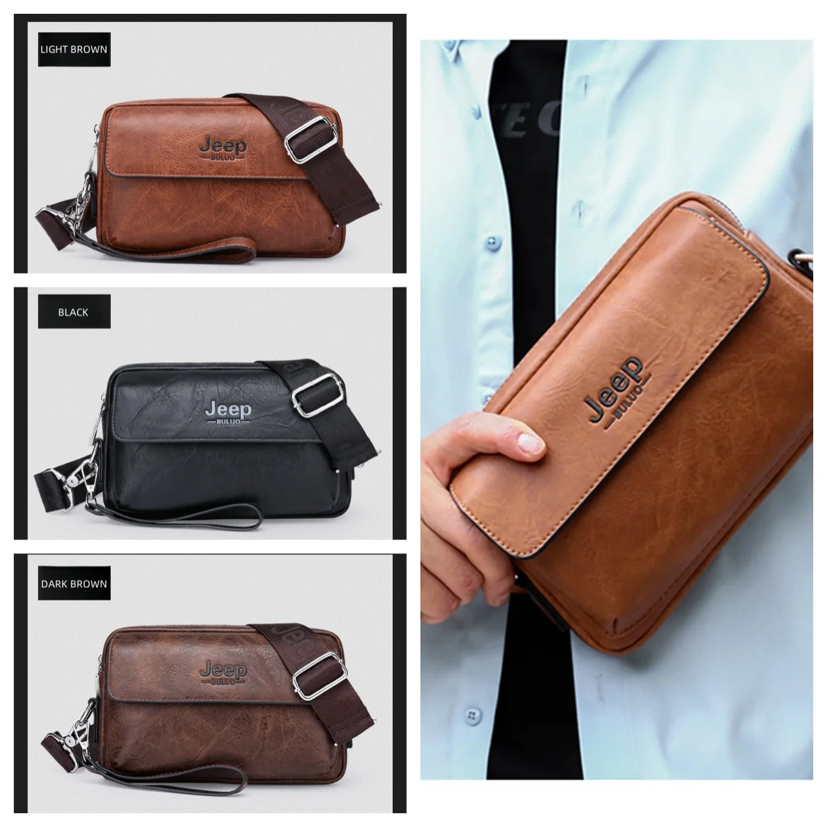 JEEP BULUO Brand Small Men Bags High Quality Leather Shoulder Crossbody Totes Clutch Handbags Business Brown Black Fashion New