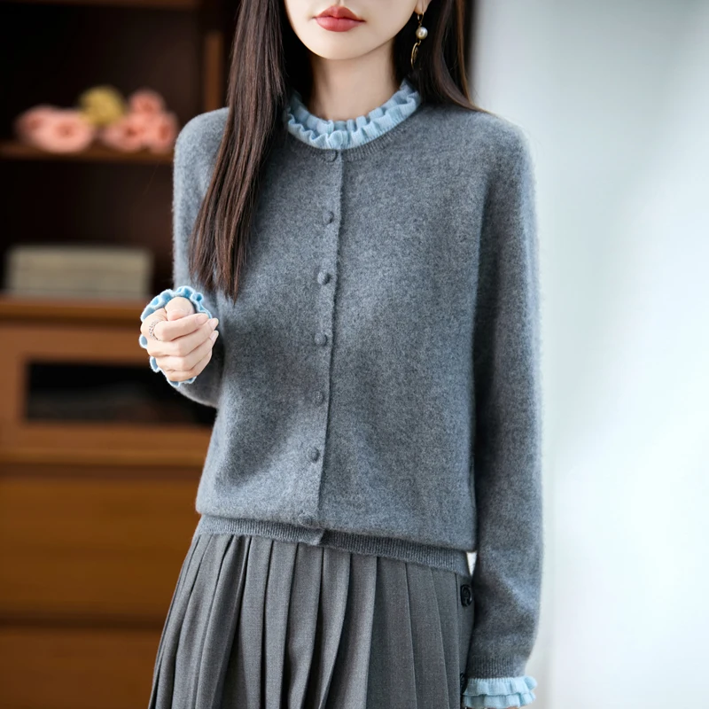 

Chic Women Fringe collar Wool Cardigan Sweater Soft Grace 100% Merino Wool Knitwear Female Spring Autumn Winter Clothes Tops