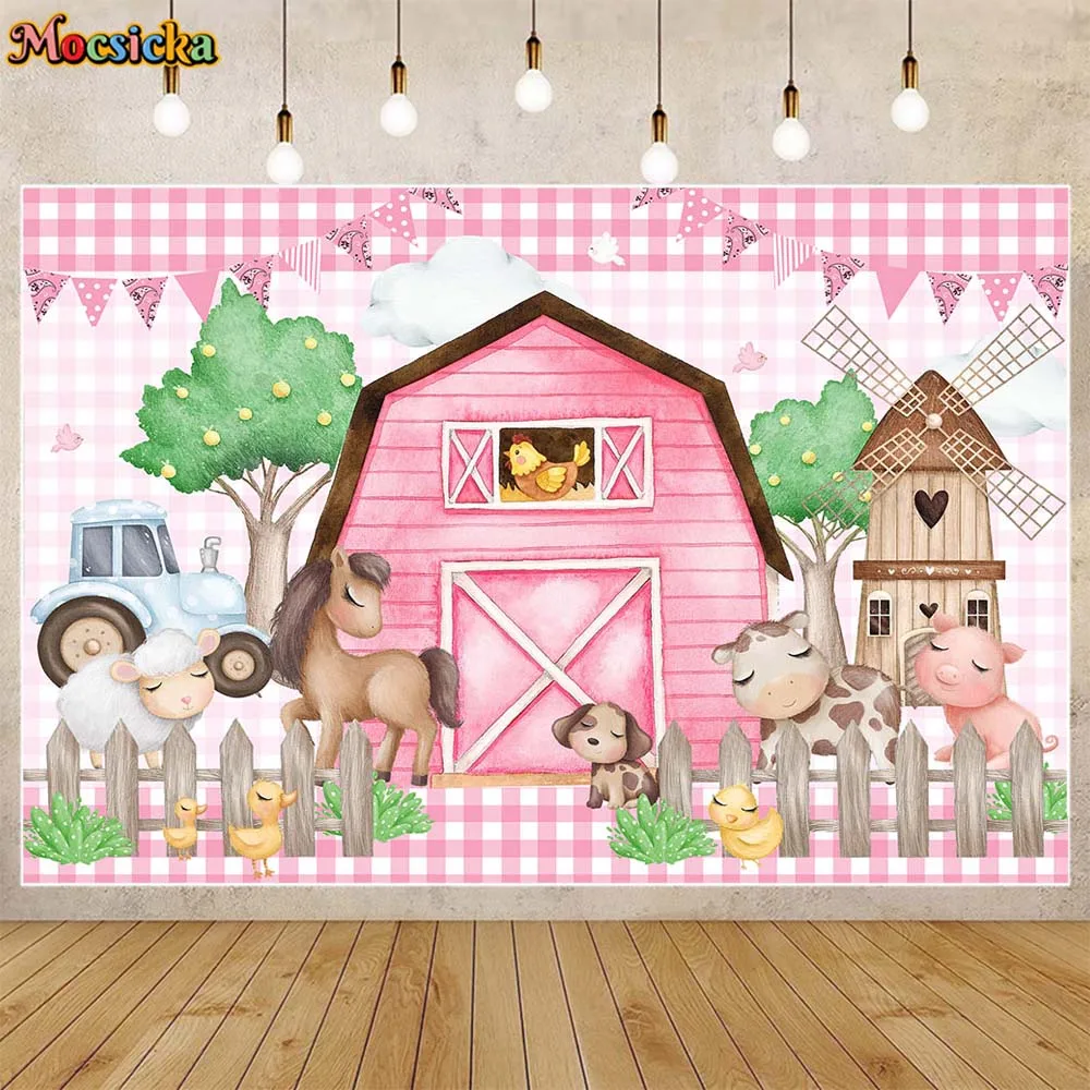 

Mocsicka Pink Barn Farm Backdrop for Girl Birthday Party Decor Kids Wallpaper Animals Child Background Table Banner Studio Props