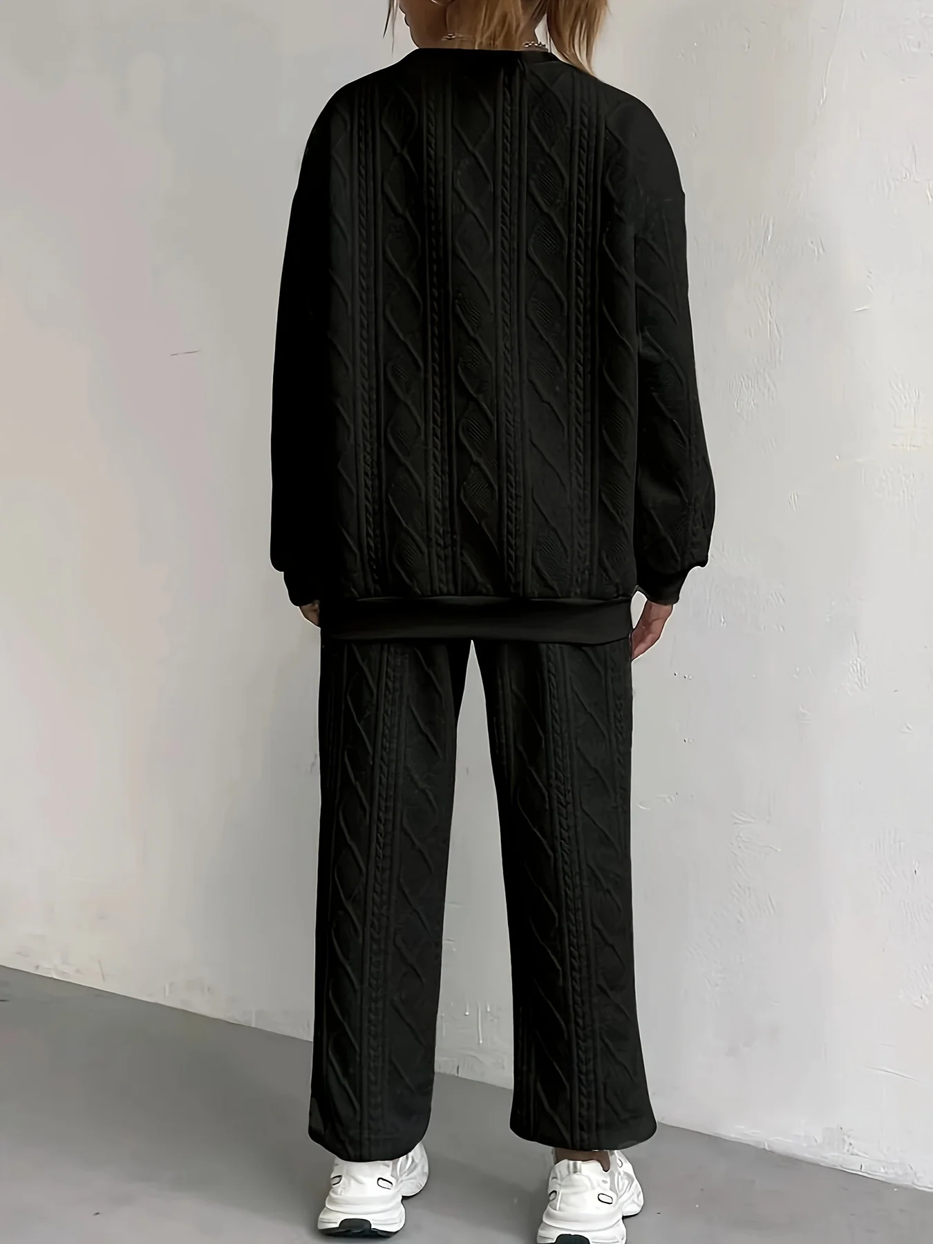 Women Cable Textured Two Piece Outfit Oversized Crew Neck Sweatshirt Wide Leg Pants Set Fashion Solid Loose Loungewear Tracksuit