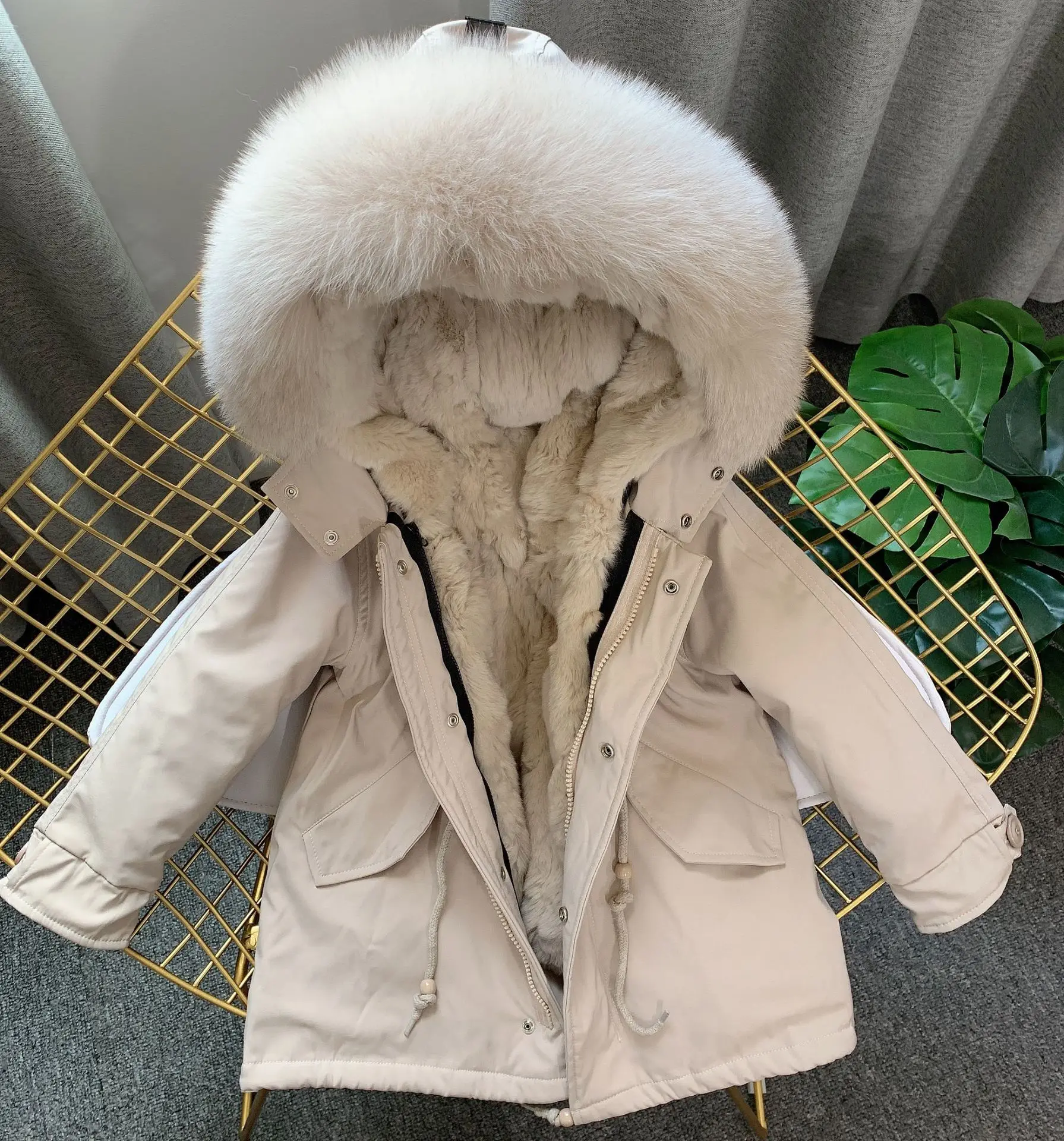 Natural Rabbit Fur Jacket for Kids Girls and Boys Real Rabbit Fur Outerwear for Boys Teenager Girls Hooded Fur Coats Outerwear