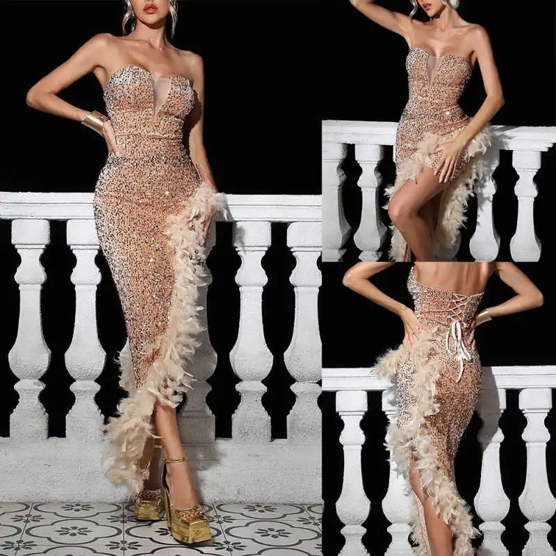 

Роскошные вечерние платья Русалка без бретелек с блестками и перьями с высоким разрезом и открытой спиной платье для выпускного вечера вечернее платье Vestido De Noite по индивидуальному заказу
