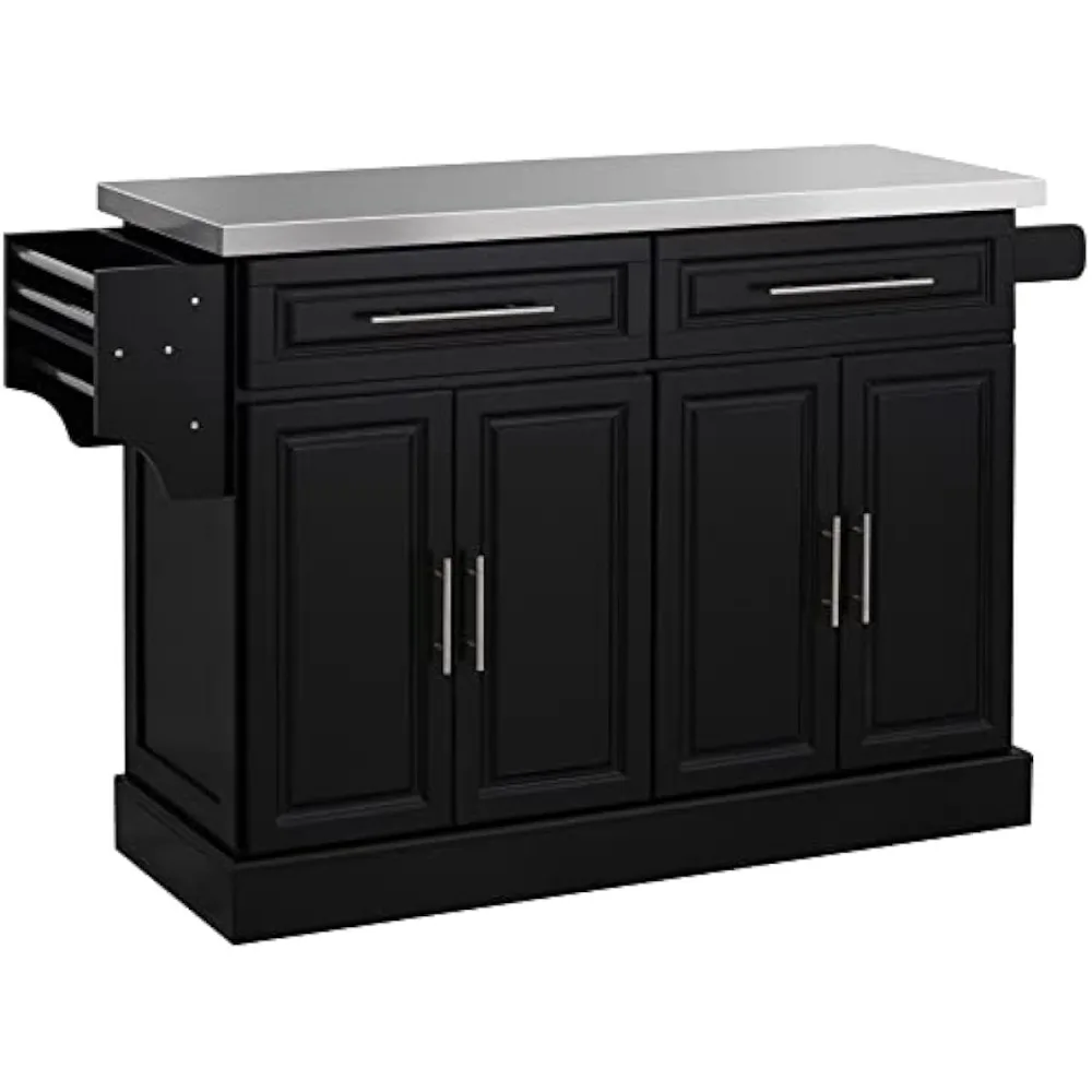 Rolling Kitchen Island with Storage,Portable Kitchen Cart with Stainless Steel Top,2 Drawers, Spice, Knife and Towel Rack, Black