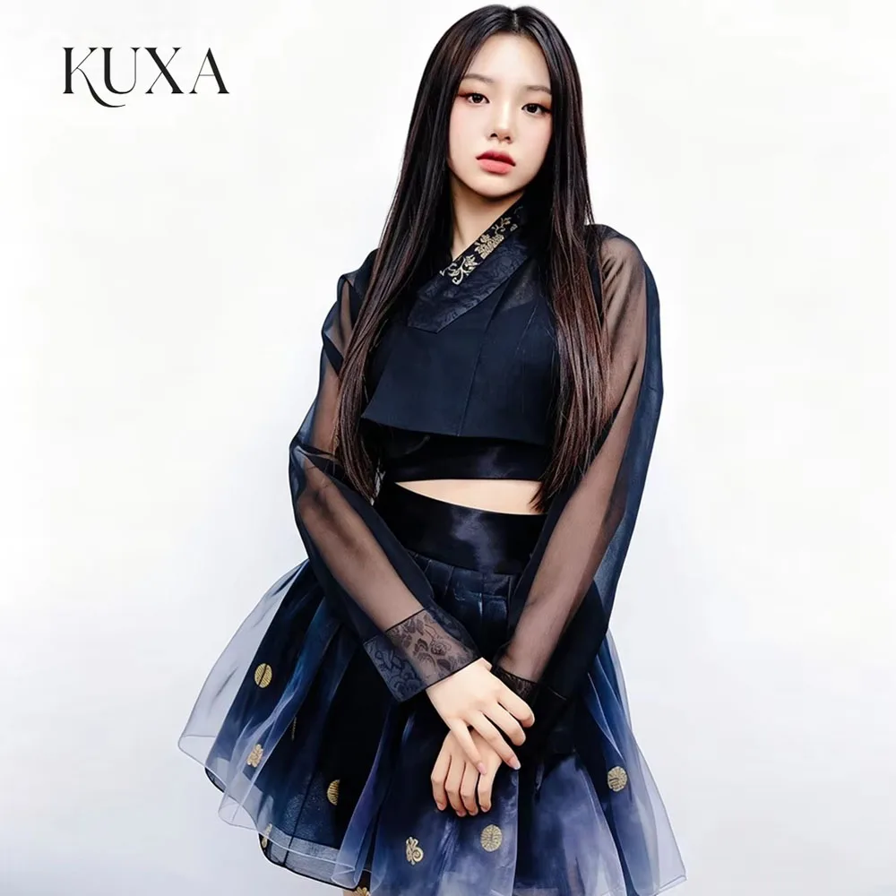 KUXA Vintage Contrast Color Short Hanbok 2027 Korean Photo Shoot Performance Dress Customized 3 PCS Top Jacket Mini Skirt