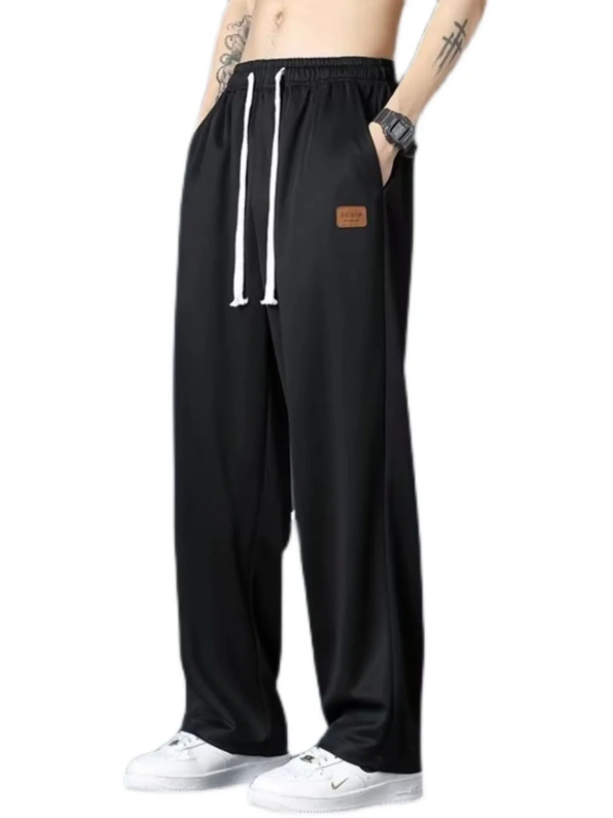 Men's Summer High Street Sporty Straight Leg Black Loose Casual Long Pants Draping Effect Fashionable Trendy Youthful Style
