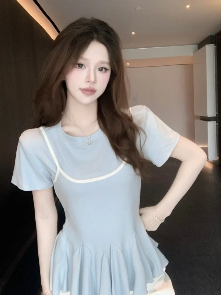 Conjunto de camiseta y camiseta sin mangas de Color Blo ort Sve ajustado, novedad de verano para mujer, conjunto de dos piezas Sle, versión coreana, Sle de viaje