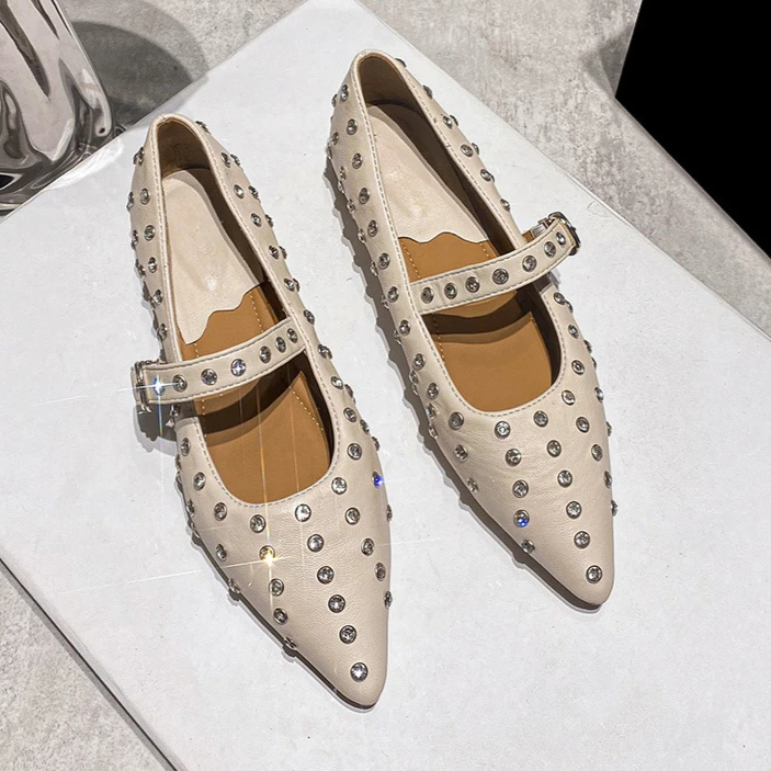 Sexy Rhinestone Rivet Design Mary Jane Women's Shoes Fashion Pointed Toe Low Heel Flat Shoes Designer Luxury Shoes Woman Size 43