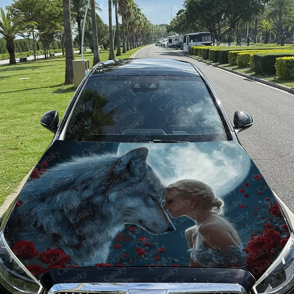 Night Moon Red Rose Princess And Wolf Car Hood Vinyl Wraps, PVC Waterproof Car Bonnet Decals, Self-Adhesive Scratch-Resistant St