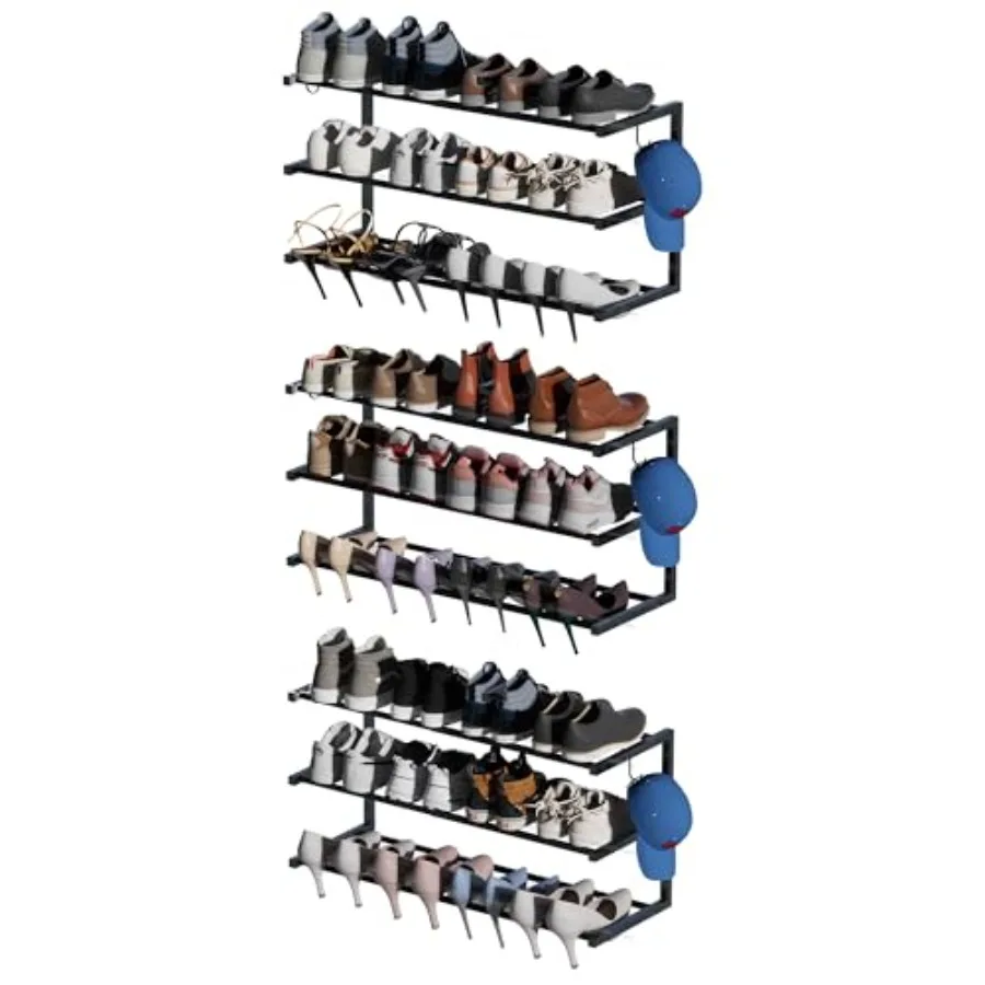 

Wall Mounted Shoe Rack Tier Hanging Shoe Rack Holds 6 Pairs 17"-30"Adjustable Heavy Duty Metal Shoe Organizer Holder with 6 Sto