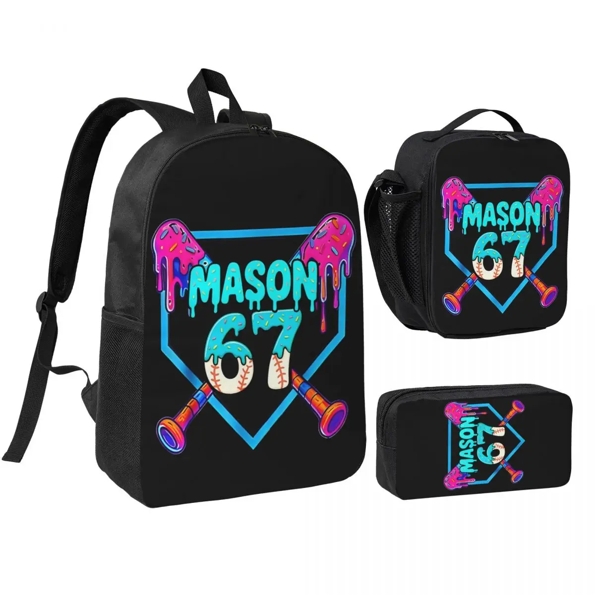 Mason 67 Funny Ice Cream Drip Baseball Meme Design 3pecs/set Backpack for Boys Girls Daypack Lunch bag Pencil Case