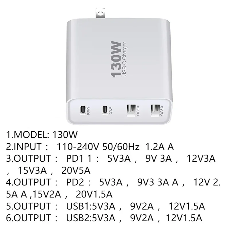 130W GaN USB Charger Type C PD 4Ports Quick Charge 4.0 3.0 USBC Fast Charging Charger For iPhone 15 14 13 12 MacBook Pro Laptop