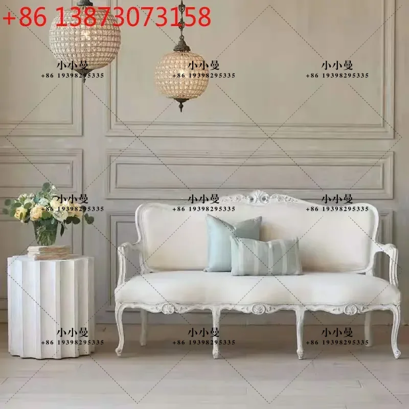 French retro solid wood carving flower European classical log white old small apartment combination fabric three-person sofa
