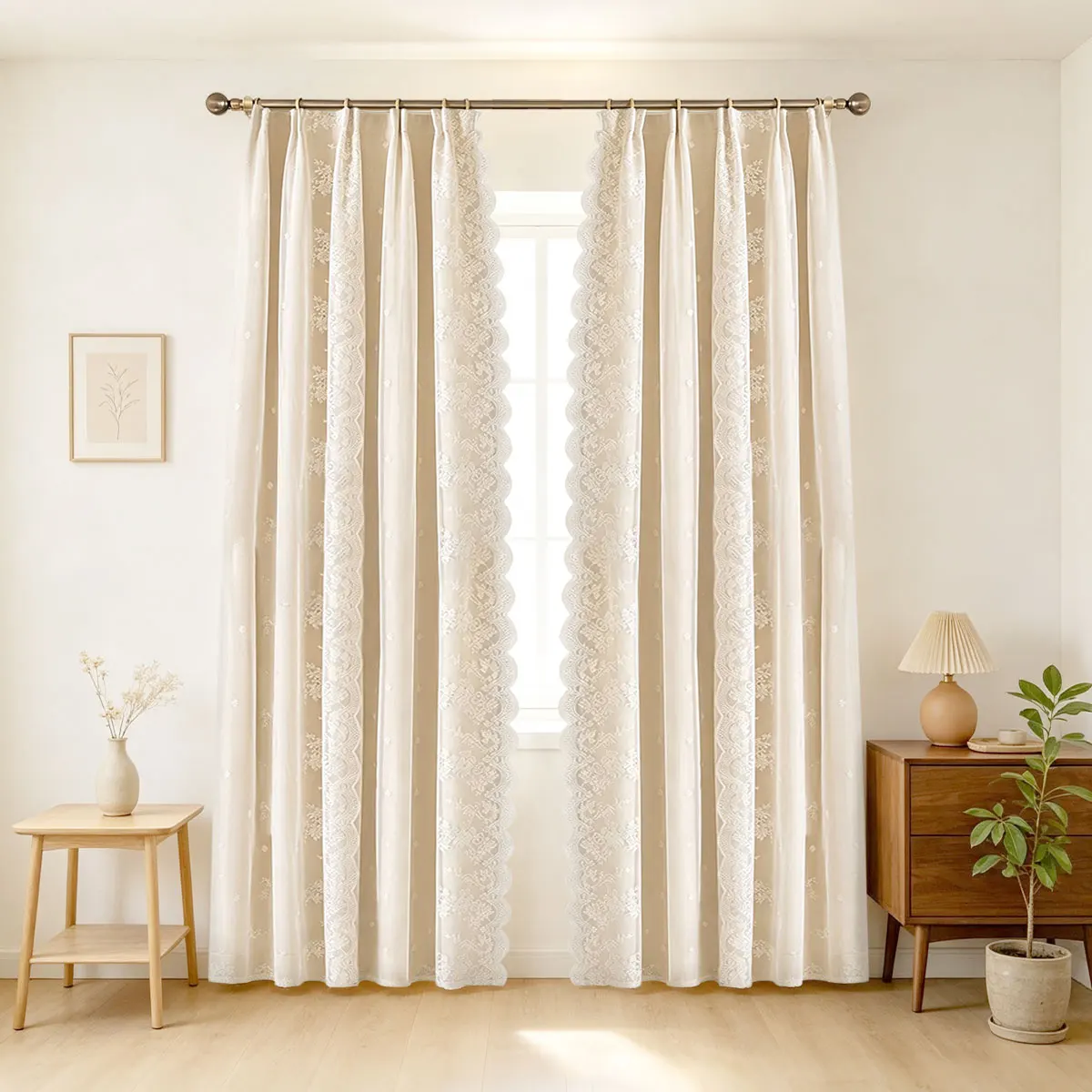 Beige Double Layer Curtains 2 Panels, Four Prong Hook, Floral Lace Sheer Overlay, Scalloped Edge Window Drape for Bedroom
