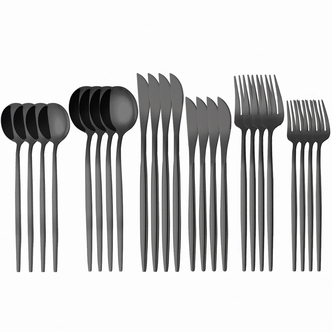 

24Pcs Cutlery Set Stainless Steel Black Forks Spoons Knives Kitchen Cutlery Flatware Tableware Dinning Set Dessert Knife