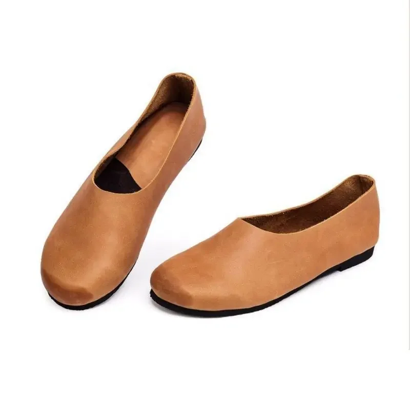 Women Natural Genuine Leather Ballet Flats Sneakers Women Oxford Shoes Slip on Round Toe Soft Retro Comfortable Women Shoes 2024