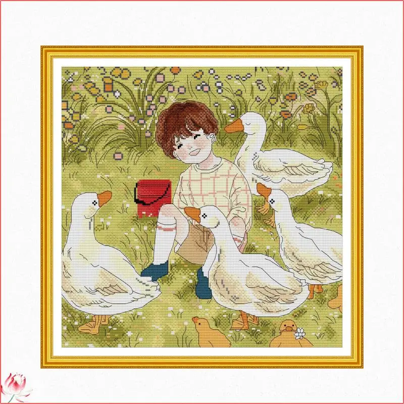 Joy Sunday Little Boy And Goose Counted Cross Stitch Kits DIY DMC Handmade 11CT 14CT Stamped Embroidery Needlework Home Decor