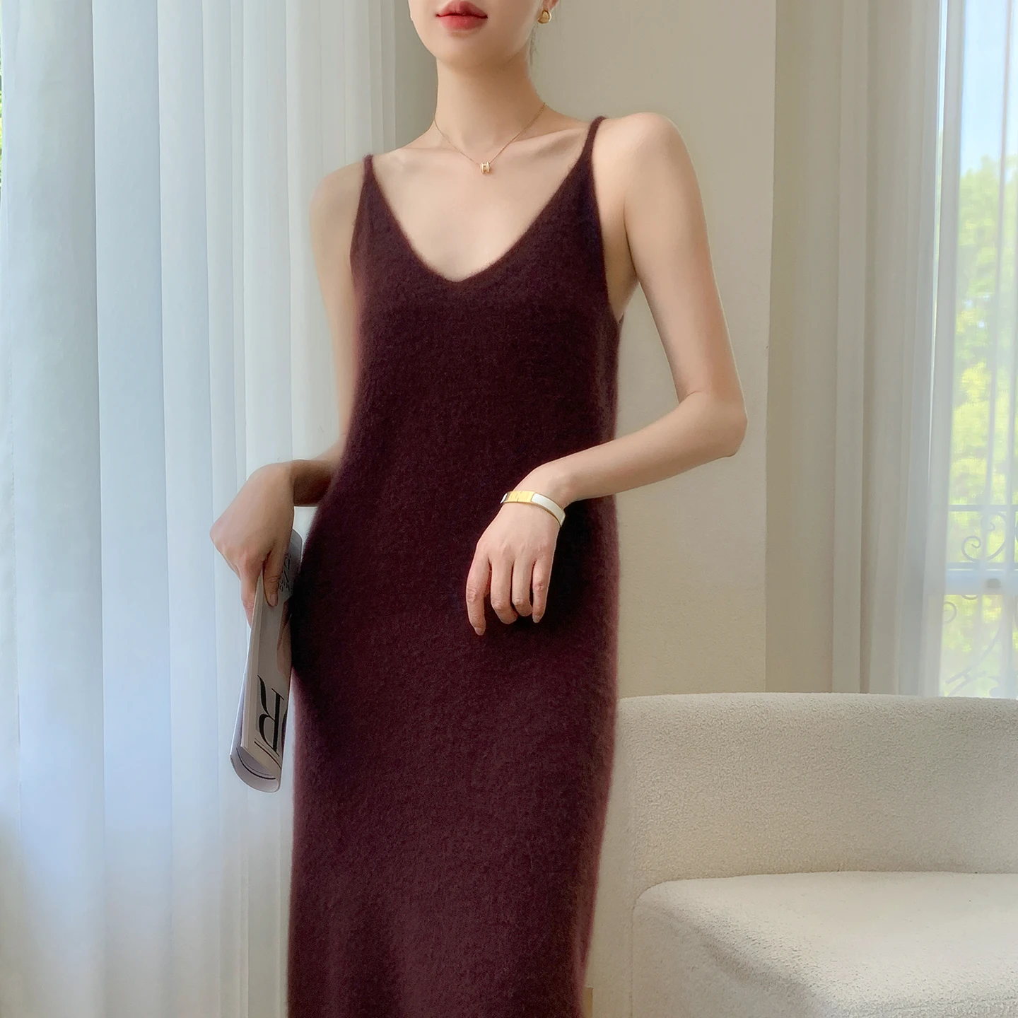 Women's 100% Pure Cashmere Long Strap Skirt Casual Solid Color Knitted Sweater Loose V-neck Pullover Top