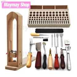 Pine Wood Leathercraft Hand Stitching Clamp Leathercraft Tool Set Kits Leather Punching Carving Saddle Groover Tools Storage DIY