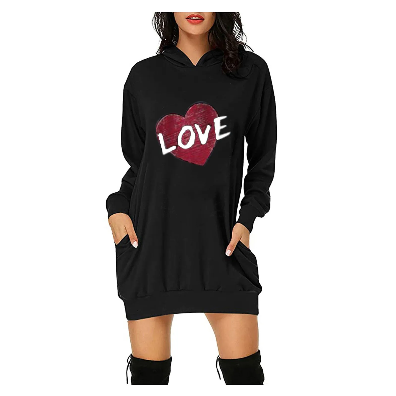 Women's dress O-Neck Valentine's-Day Hoodies Dress Shirt-Dress Bodycon Long-Sleeved Sexy Sports Dresses Knee-Length Vestidos