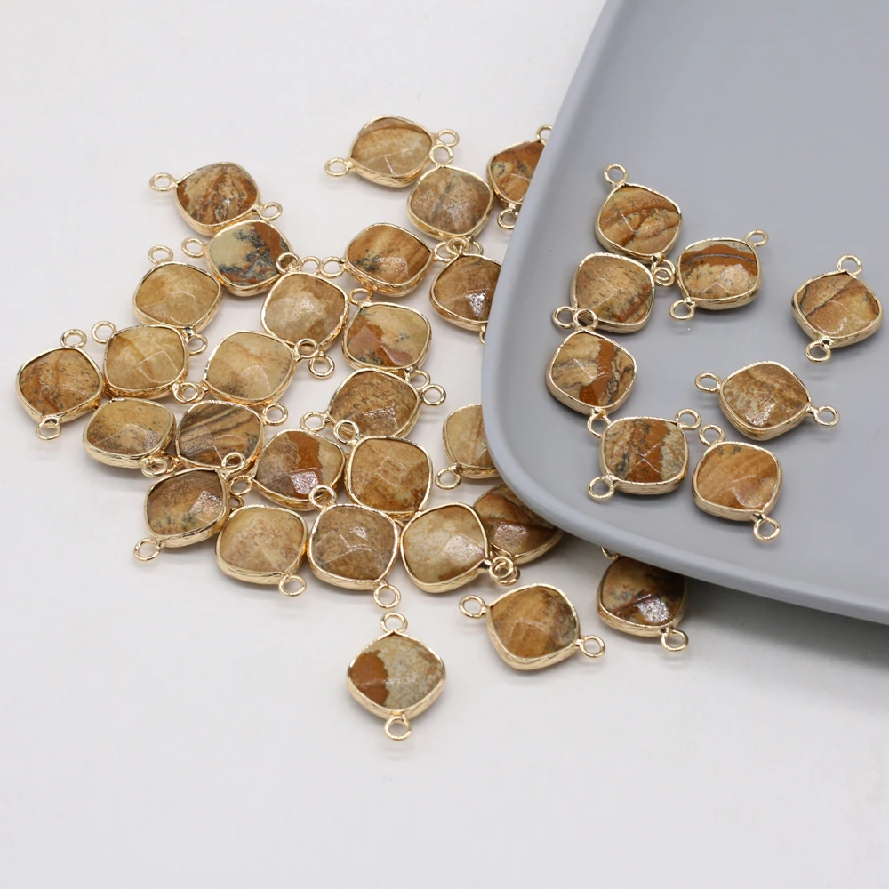 Natural Stone Connector Faceted Square Gilded Picture  Charms For Jewelry Making DIY Bracelet Necklace Earring Accessories