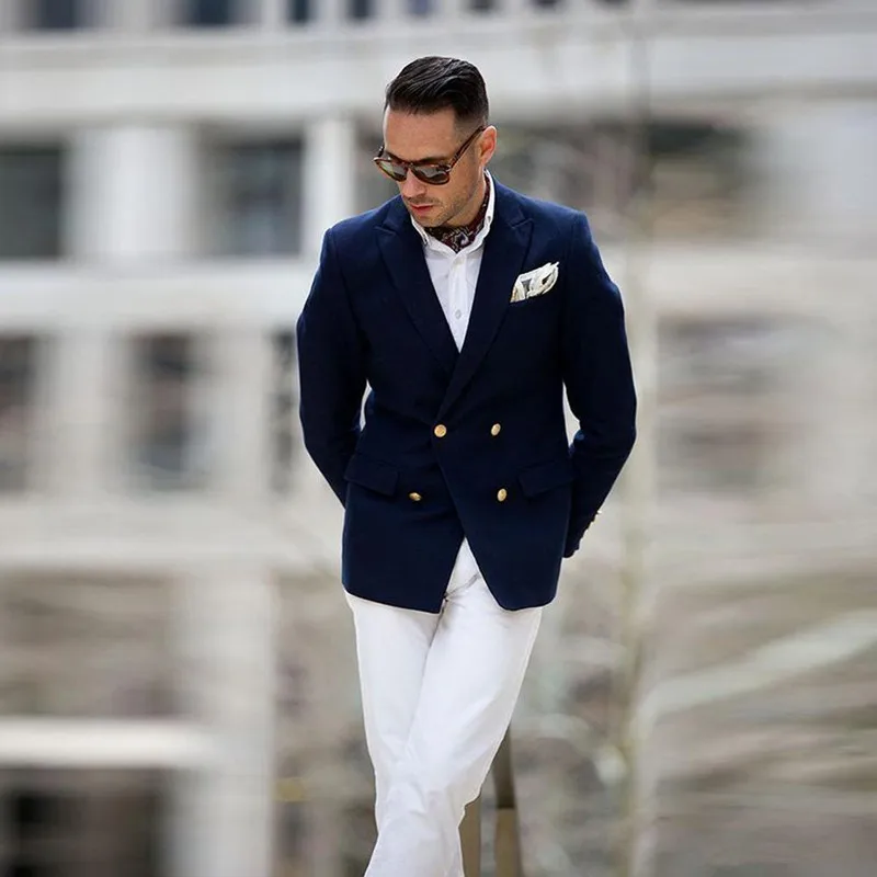 

Navy Blue Jacket and White Pants Men's Casual Clothes Notched Lapel Double Breasted Men Suits Trim Fit Wedding Tuxedos