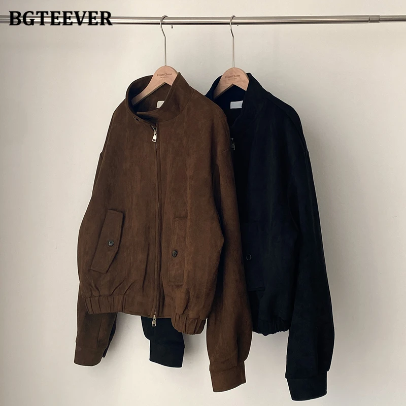 BGTEEVER Vintage Stand Collar Loose Women Basic Jackets Autumn Winter Long Sleeve Zippers Female Coats Stylish Ladies Outwear