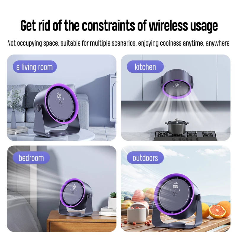 Kitchen Wall Mount Electric Fan Circulator LED Display, 3500mAh Wireless Portable Home Quiet Ventilator Desktop Fan Air Cooler